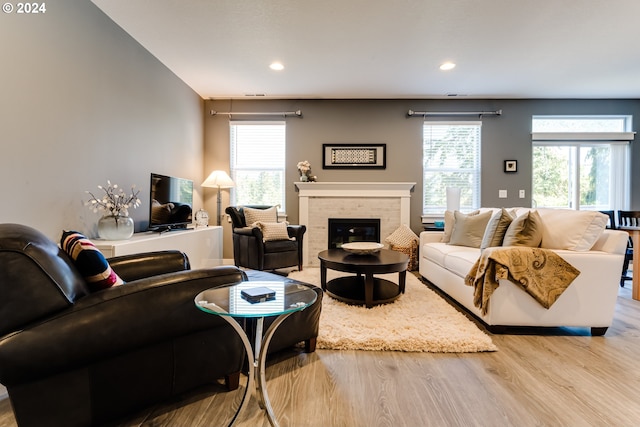 living area featuring wood finished floors, a glass covered fireplace, and recessed lighting