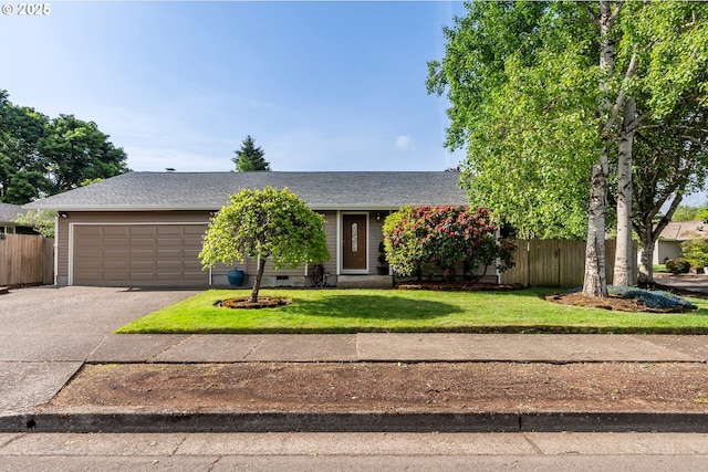 view of property hidden behind natural elements featuring driveway, an attached garage, roof with shingles, and crawl space