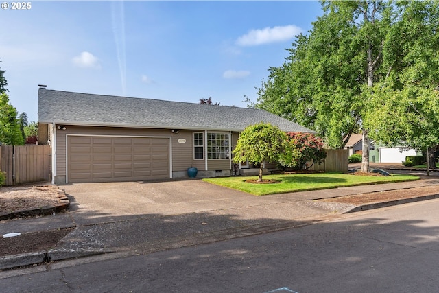 view of front of property featuring an attached garage, driveway, fence, and crawl space