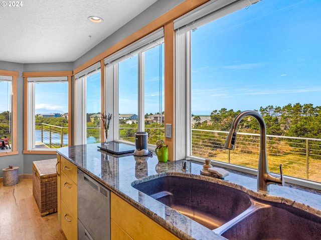 89610 Sea Breeze Dr, Warrenton, OR 97146 - kitchen with a sink, dark stone counters, light wood-type flooring, recessed lighting, and dishwasher