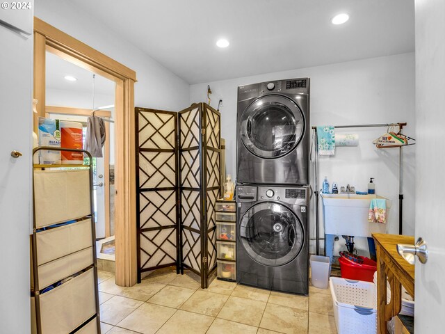 89610 Sea Breeze Dr, Warrenton, OR 97146 - washroom with laundry area, recessed lighting, stacked washer / drying machine, and tile patterned flooring