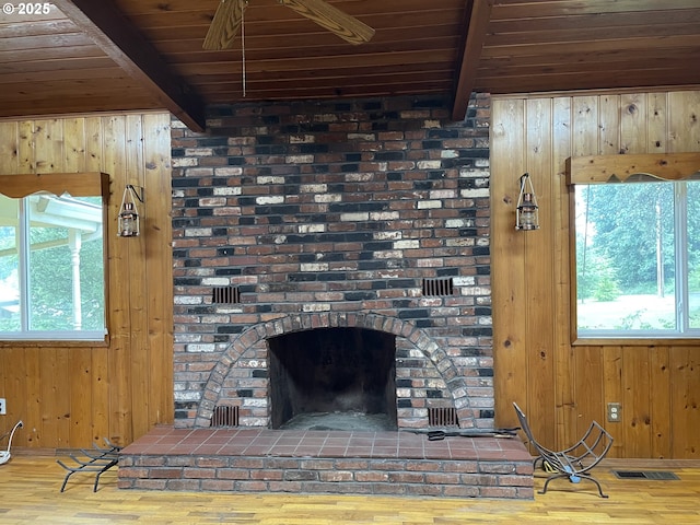 61021 Landreth Ln, Saint Helens, OR 97051 - detailed view of a wooden ceiling with exposed beams, wooden walls, wood finished floors, and a fireplace