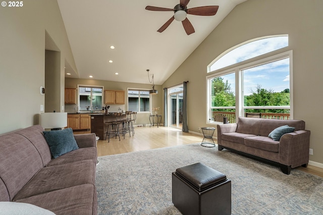 1216 SE 47th St, Hillsboro, OR 97123 - living area featuring high vaulted ceiling, light wood-type flooring, a ceiling fan, plenty of natural light, and recessed lighting