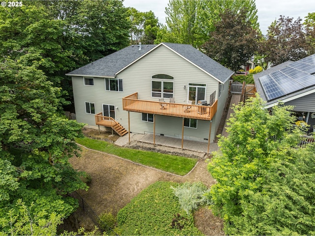 1216 SE 47th St, Hillsboro, OR 97123 - rear view of property featuring a wooden deck, roof with shingles, a patio area, and stairway