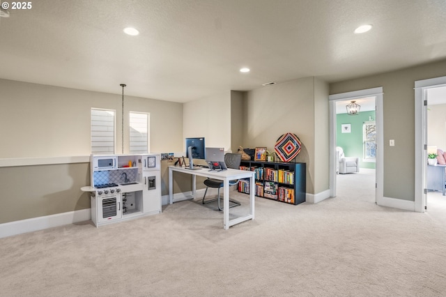 carpeted office with baseboards and recessed lighting