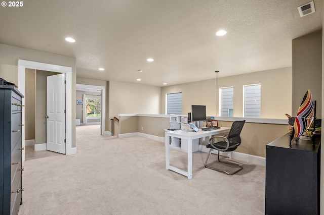 office area featuring light carpet, recessed lighting, and baseboards