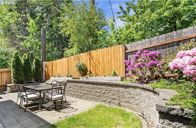view of patio / terrace featuring a fenced backyard and outdoor dining space
