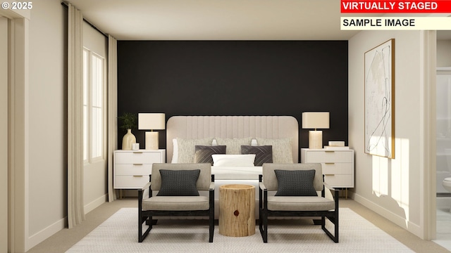 bedroom with baseboards and carpet