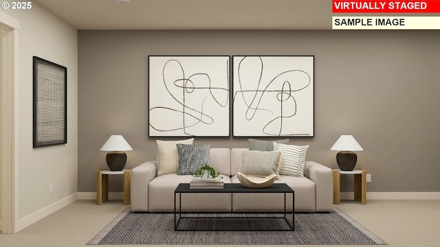 living area with carpet floors and baseboards