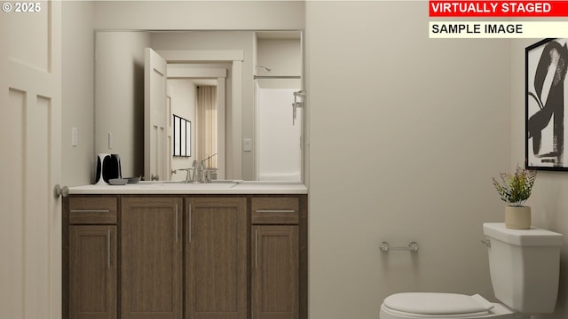 half bathroom featuring vanity, toilet, and baseboards