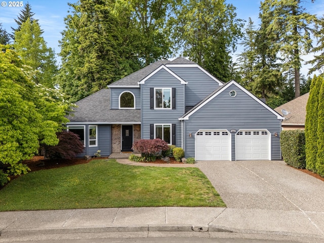 8967 SW Leslie St, Portland, OR 97223 - traditional home with an attached garage, a shingled roof, a front lawn, concrete driveway, and brick siding