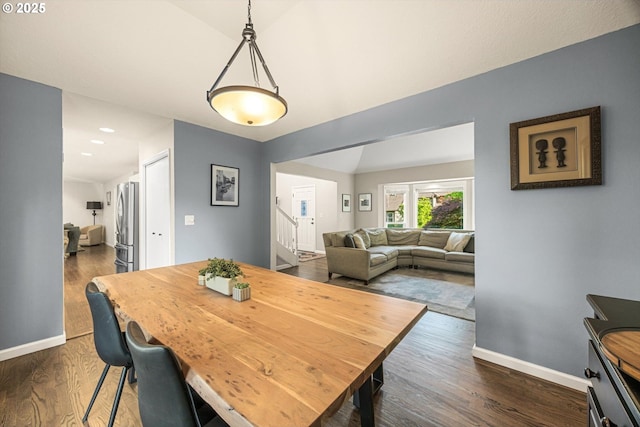 8967 SW Leslie St, Portland, OR 97223 - dining area with baseboards, dark wood-style flooring, stairway, and recessed lighting