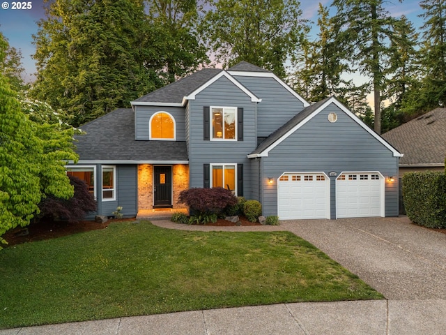 8967 SW Leslie St, Portland, OR 97223 - traditional-style home featuring a garage, a shingled roof, driveway, and a front yard
