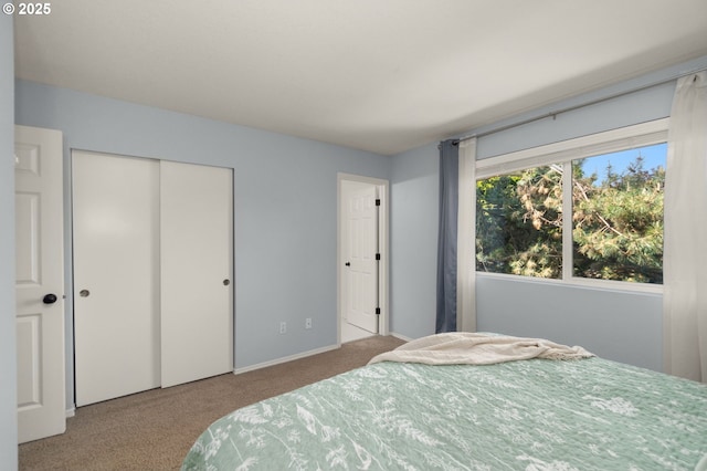 bedroom featuring a closet, carpet flooring, and baseboards