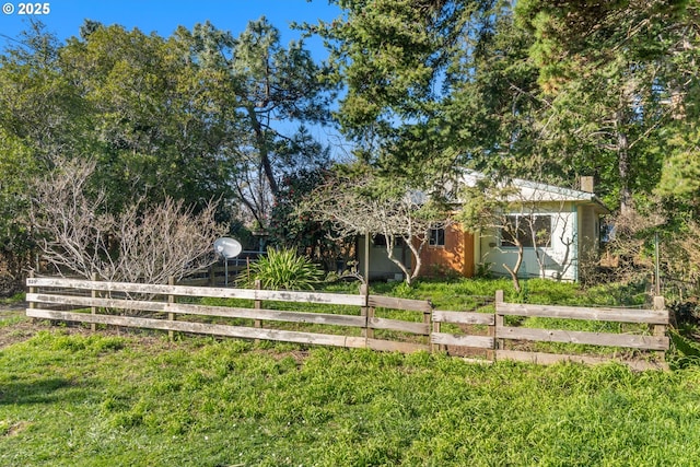 view of front facade with a front lawn and a fenced front yard