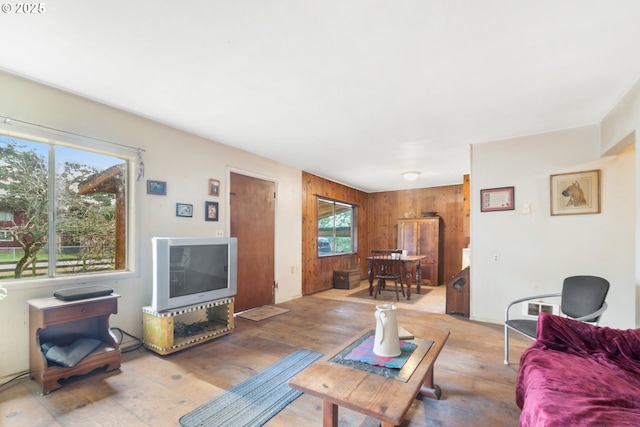 living area with wooden walls and light wood finished floors