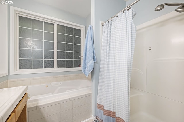 bathroom featuring a shower with curtain and vanity