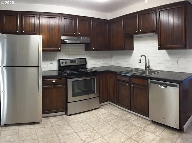 8416 SE Insley St, Portland, OR 97266 - kitchen with dark brown cabinets, appliances with stainless steel finishes, under cabinet range hood, dark countertops, and a sink