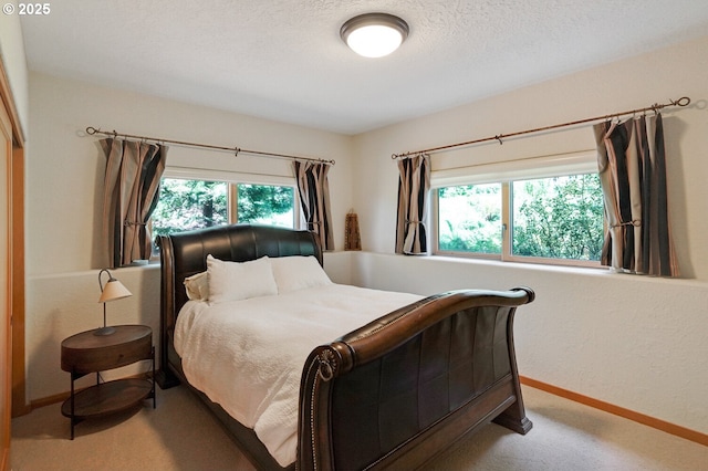 bedroom featuring baseboards, a textured ceiling, and light colored carpet