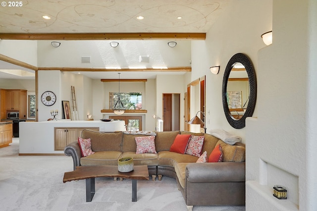 living area featuring light carpet, recessed lighting, and beam ceiling