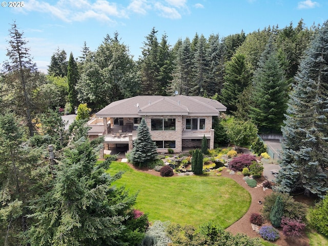 bird's eye view featuring a view of trees