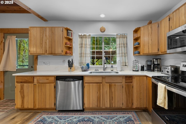 kitchen featuring stainless steel appliances, a sink, light countertops, open shelves, and plenty of natural light