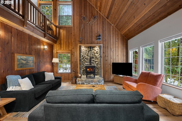 living area featuring wood ceiling, wooden walls, and wood finished floors