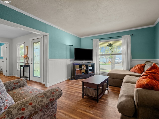 living room with wood finished floors, a wealth of natural light, a textured ceiling, and ornamental molding