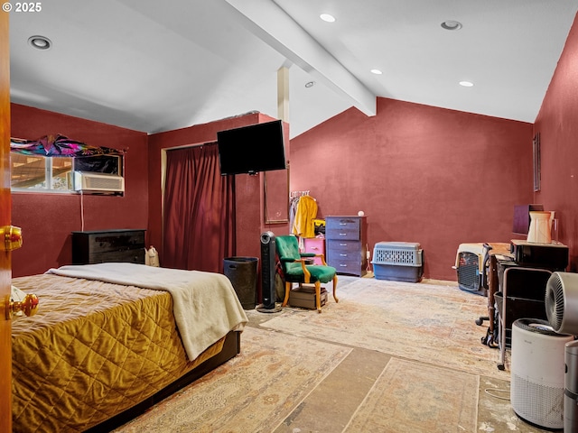 bedroom featuring lofted ceiling with beams