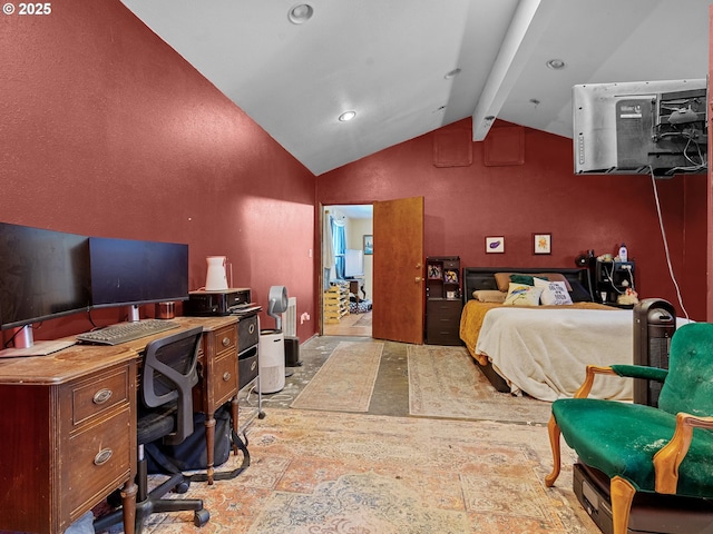 bedroom with high vaulted ceiling and beamed ceiling