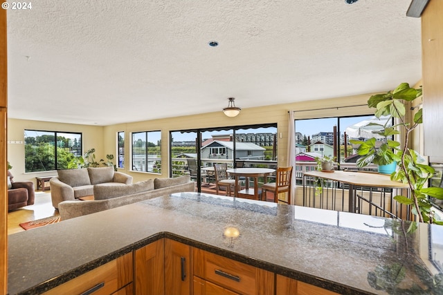 kitchen featuring a textured ceiling and dark stone countertops