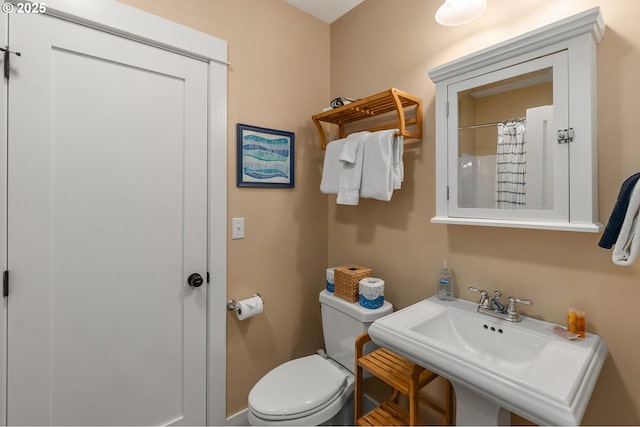full bathroom with a sink, toilet, and a shower with shower curtain