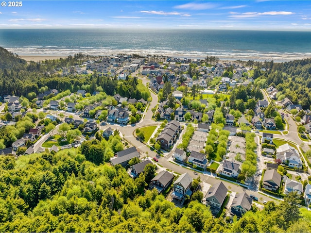 aerial view of residential area with a large body of water
