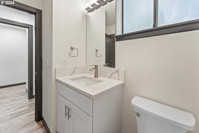 bathroom featuring vanity, wood-type flooring, and toilet