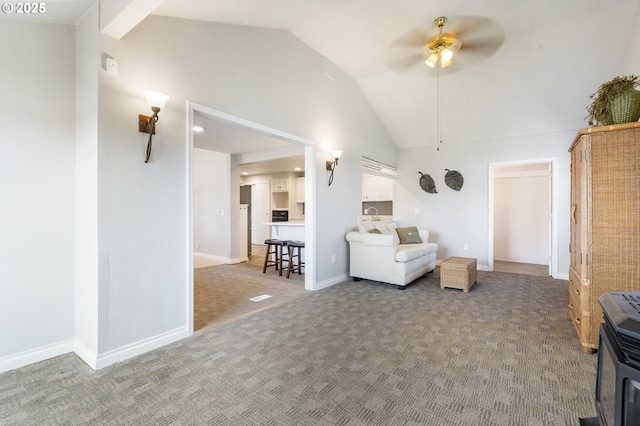 461 NE 16th Ave, Hillsboro, OR 97124 - carpeted living room with a ceiling fan, baseboards, and high vaulted ceiling