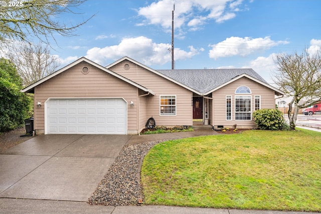 single story home featuring a garage, a front yard, driveway, and a shingled roof