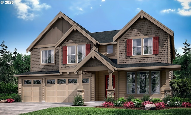 craftsman-style home with concrete driveway, board and batten siding, and an attached garage