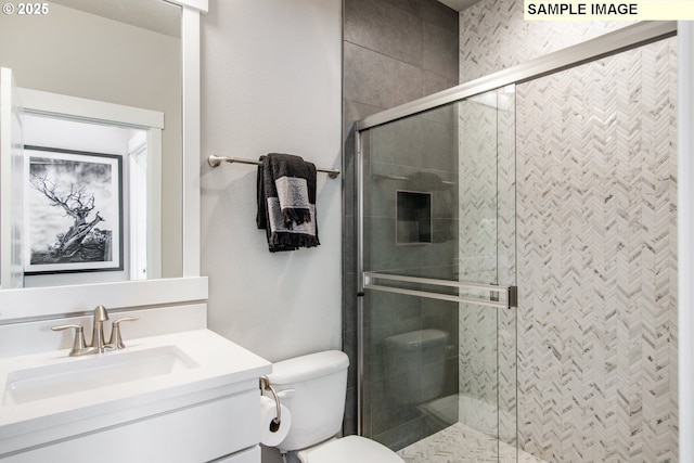 bathroom with toilet, a stall shower, and vanity