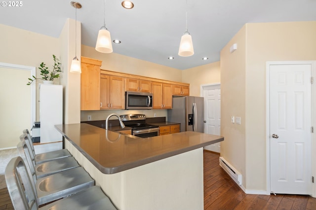 kitchen featuring dark wood-style floors, a peninsula, stainless steel appliances, dark countertops, and baseboard heating