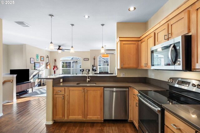 kitchen featuring dark wood-style flooring, dark countertops, a sink, stainless steel appliances, and a peninsula