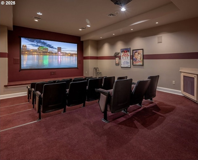 home theater room with recessed lighting, baseboards, visible vents, and carpet floors