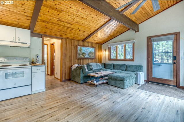 16811 Covina Rd, Bend, OR 97707 - living room with a ceiling fan, light wood-type flooring, and wood ceiling