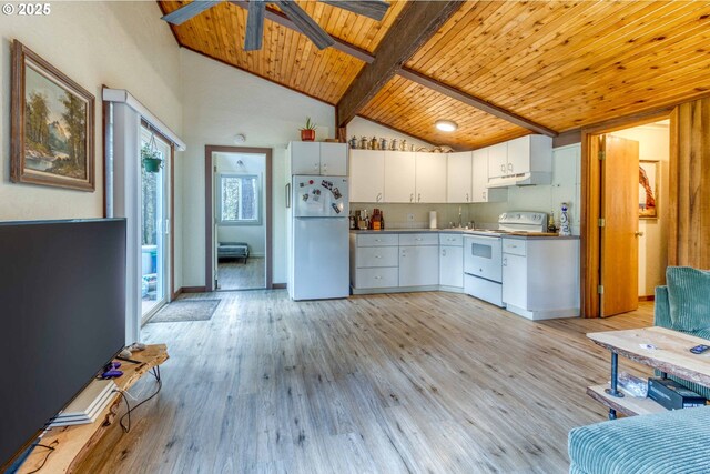 16811 Covina Rd, Bend, OR 97707 - kitchen with white appliances, under cabinet range hood, a wooden ceiling with exposed beams, ceiling fan, and white cabinets