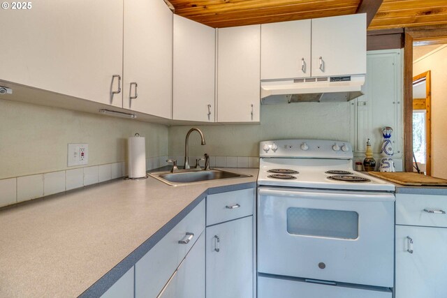 16811 Covina Rd, Bend, OR 97707 - kitchen featuring white electric range, under cabinet range hood, wooden ceiling, white cabinets, and light countertops
