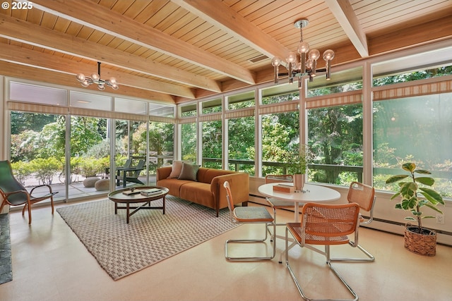 6151 SW Mill St, Portland, OR 97221 - sunroom / solarium with a chandelier, an outdoor living space, tile patterned floors, and a wooden ceiling with exposed beams