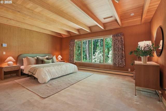 6151 SW Mill St, Portland, OR 97221 - bedroom with a baseboard heating unit, beam ceiling, carpet, and wooden walls