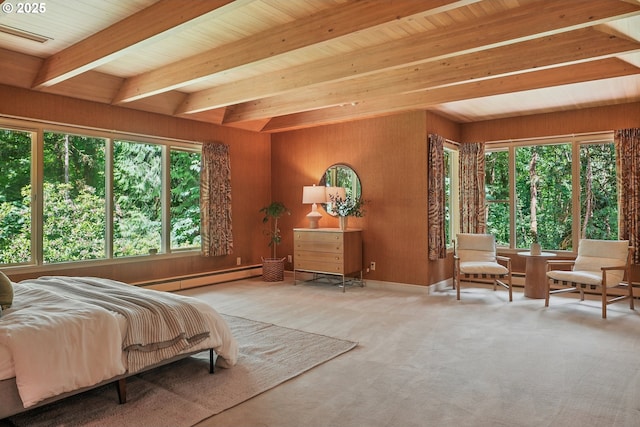 6151 SW Mill St, Portland, OR 97221 - bedroom with a baseboard radiator, wood walls, a wooden ceiling with exposed beams, and carpet flooring