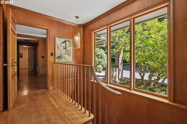 6151 SW Mill St, Portland, OR 97221 - hall with wood finished floors, wood walls, and crown molding
