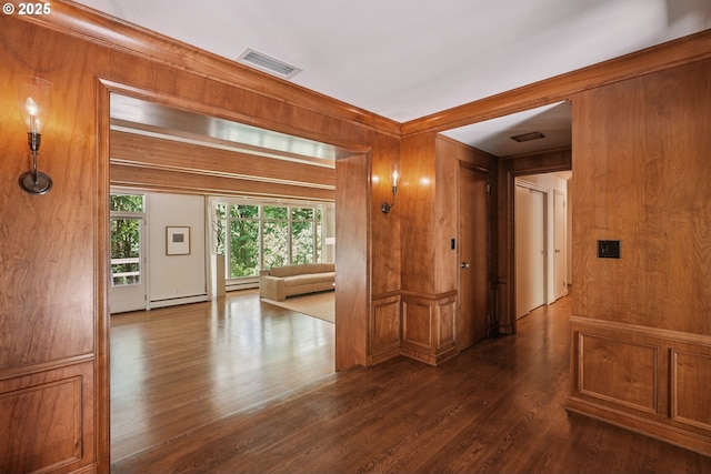 6151 SW Mill St, Portland, OR 97221 - corridor featuring wooden walls, dark wood finished floors, and a baseboard radiator