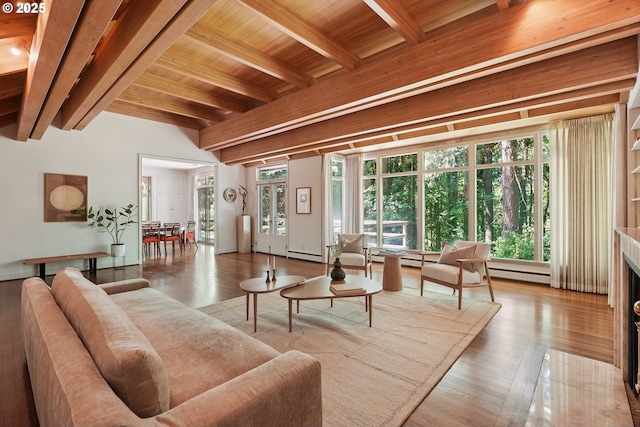 6151 SW Mill St, Portland, OR 97221 - living room featuring wood finished floors, a wooden ceiling with exposed beams, and a baseboard heating unit